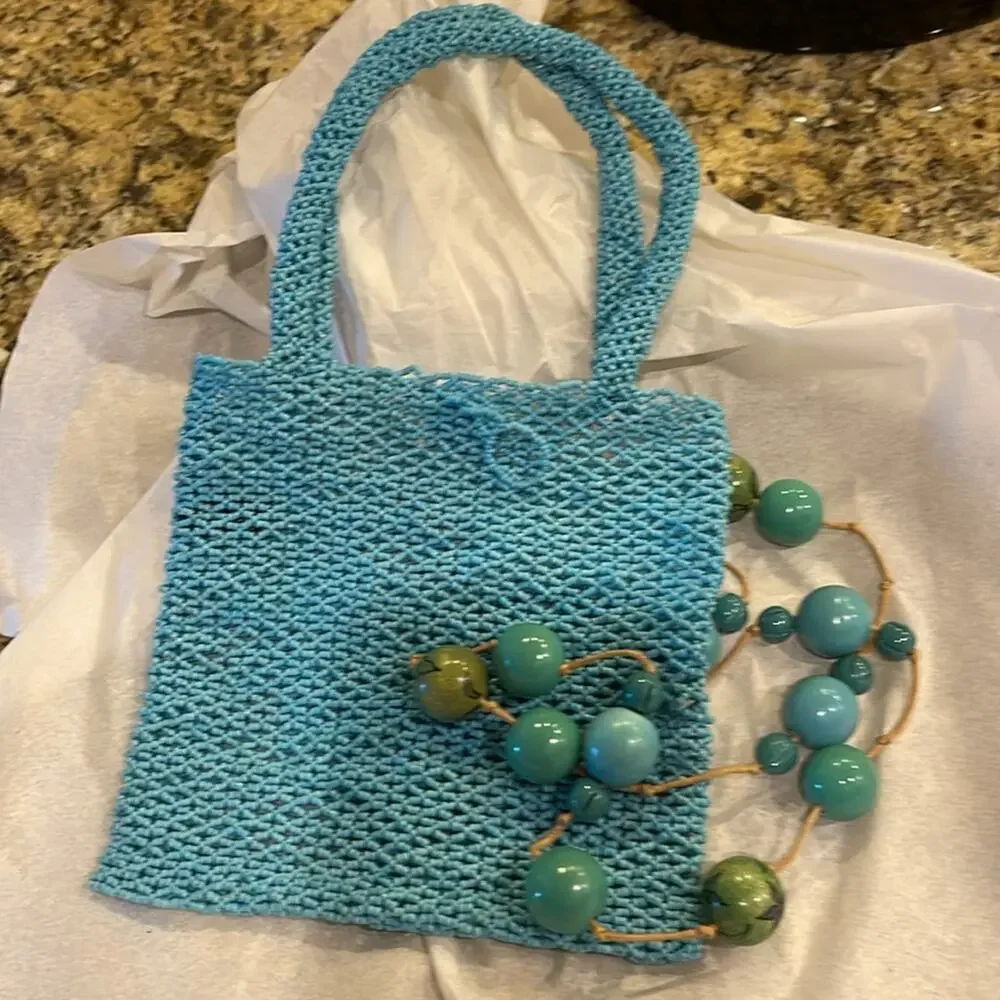 Handbag turquoise beaded with beaded necklace 6x6” body of purse with 2 handles